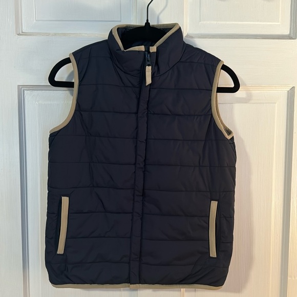 Lands End Kids Youth Puffer Fleece Lined Vest Size 7 navy/tan outdoor w/pockets - Picture 1 of 11
